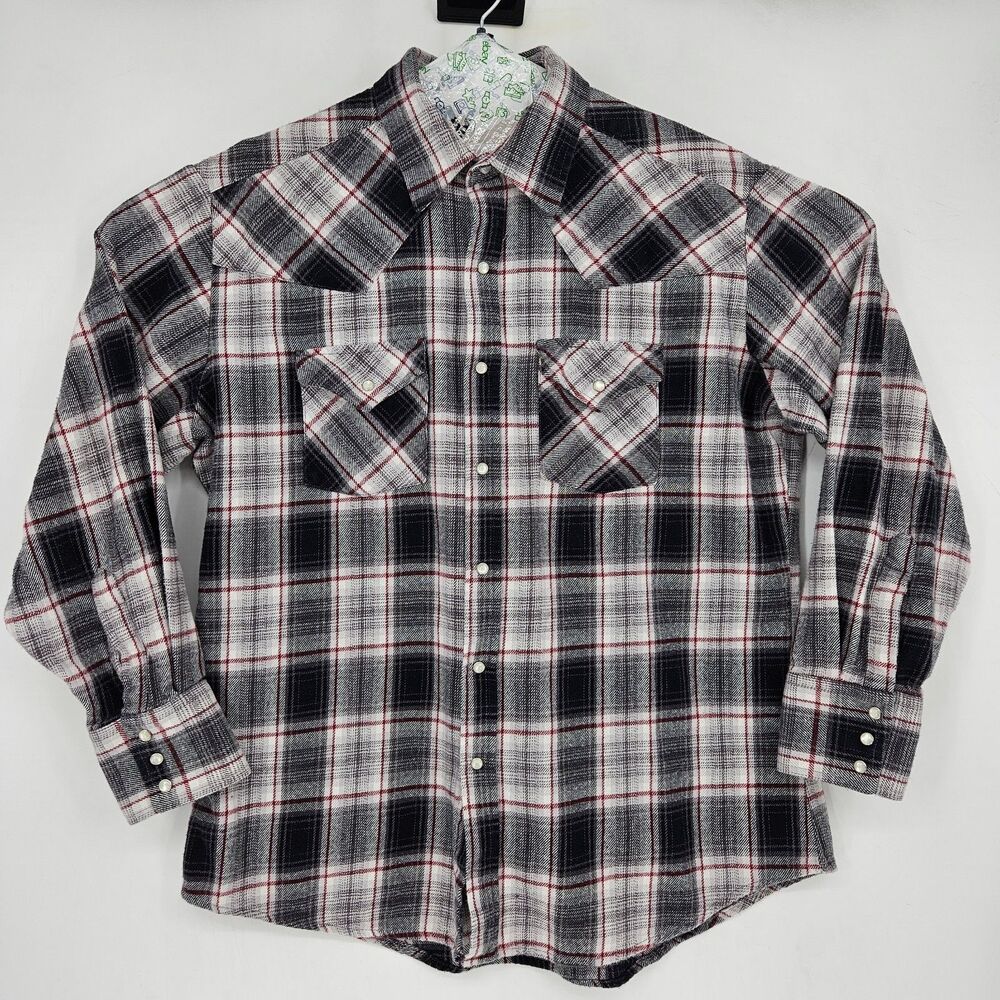 Ely Cattleman Shirt Mens Large Black‎ Red Plaid Flannel Long Sleeve Western